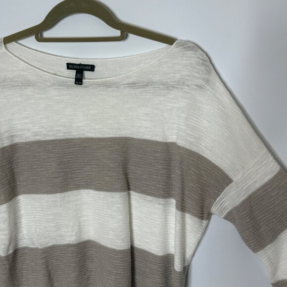 EIleen Fisher Bateau Neck Organic Cotton Linen BLend Boxy Striped Sweater Top XS - Picture 4 of 7